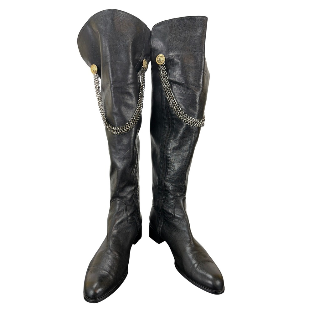 Russell & Bromley Black Leather Over The Knee Chain Boots Made in Italy Size 40